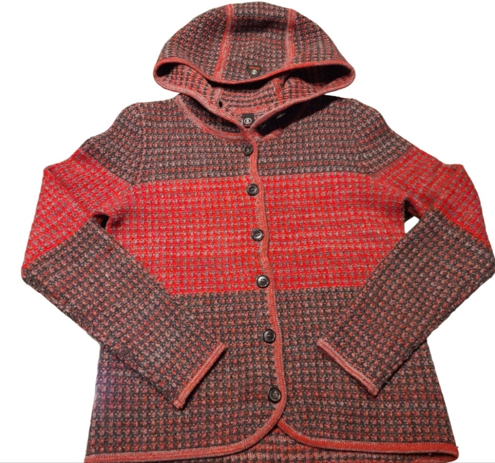 Bogner Hoodie Sweater Virgin Wool Cashmere Blend Size M Red Olive Green